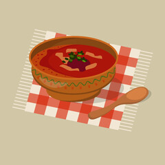 Borsch or red soup with fresh parsley on the plaid napkin. Cartoon vector illustration.