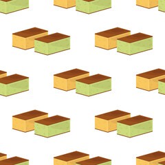 Vector seamless pattern with castella cakes. White background with japanese traditional dessert. Asian food. Japanese yellow and matcha sponge cakes.