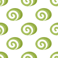 Vector seamless pattern with matcha roll cake slice with white cream filling. White background with japanese traditional matcha dessert. Asian food.