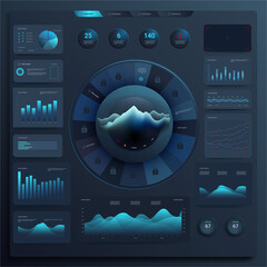 Infographic dashboard template mock up design with bit circular round element, graphs and charts. Futuristic User Interface GUI, UI, processing and analysis of data.
