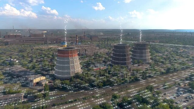 Cooling towers in a big factory concept. Metallurgical plant aerial view. Visualization of modern technologies in the factory. Visualization of emissions in a metallurgical plant