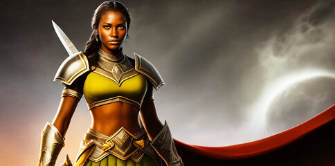 Fierce looking black female combatant with a crop top, arm guards and shoulder guards and a sword slung across her back, fictional person, made with generative AI