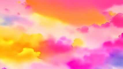 Plakat Rainbow watercolor background of abstract sunset sky with puffy clouds.