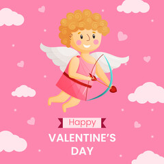 Vector square template greeting card for valentines day. Happy baby cupid on pink background illustration. Flyer for celebrate event and social media.