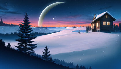 Naklejka premium Snow Valley. Winter. A fantastic night sky. Amazing landscape. New Year's night.