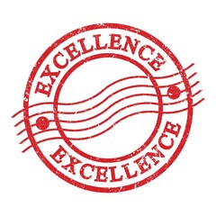 EXCELLENCE, text written on red postal stamp.