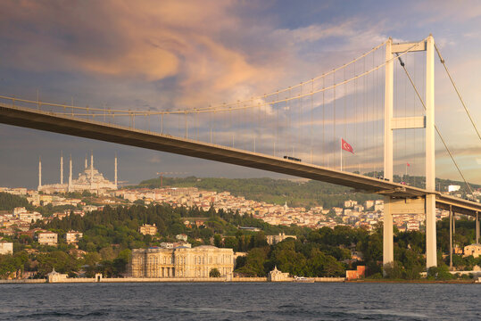 Sunset of Bosphorus strait, with Bosphorus Bridge, or Bogazici Koprusu, connecting Europe and Asia, from Ortakoy district, Istanbul, Turkey