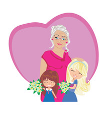 Happy Grandmas Day - happy grandmother hugs her granddaughters