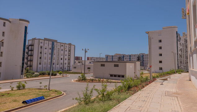 New residental area in Oran, Algeria, with multitude of new houses or city blocks in hot sun. Some vegetation is visible around.