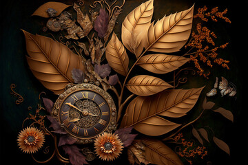 Steampunk nature background with rusty leaves. 