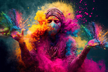 Fototapeta na wymiar Illustration of a woman with colorful powder celebrating at Holi, the Hindu festival of colors.