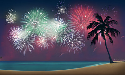 Firework show on the tropical beach - digital illustration
