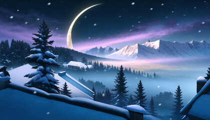 Naklejka premium Snow Valley. Winter. A fantastic night sky. Amazing landscape. New Year's night.