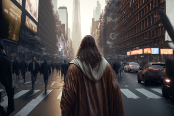 Jesus christ walking on the street. Generative AI