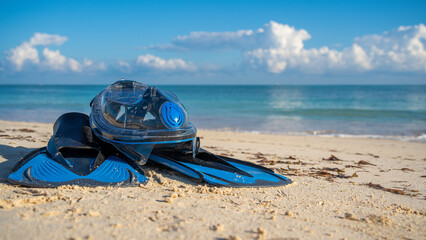 Snorkeling mask and flippers ready for diving adventures on a Caribbean beach © WD Stock Photos