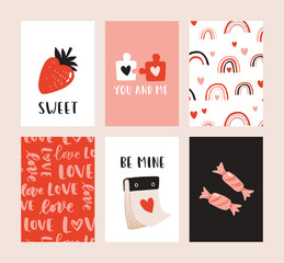 Set of 6 cute ready-to-use gift romantic postcards. Gifts, hearts, cups and hand drawn lettering. Vector printable collection of Valentine's Day doodle card, invitation, poster