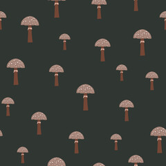 Nature, mystical forest, abstract mushrooms. Dark green background. Seamless pattern in green, brown colors. Hand drawing, vector