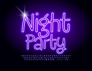 Vector artistic banner Night Party. Funny Violet Font. Neon handwritten Alphabet Letters and Numbers