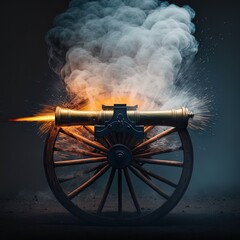 Cannon fires in a blast of flame and smoke. 