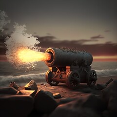 Cannon fires in a blast of flame and smoke. 