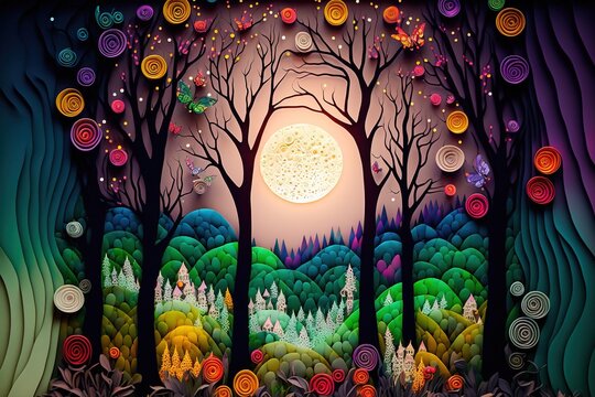 Quilling Forest, Hills and Meadows Colorful Landscape. Sun and Moon, Trees and Grass made of Colored Paper. Generative AI.