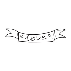 Ribbon stripe banner with hearts and word love. Hand drawn vector sketch illustration in simple doodle engraved vintage style. DEcoration for lovely celebration, Valentines day, date, romance.