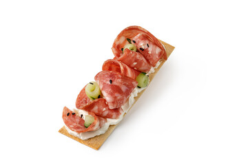 Sandwich, toast on grain crispbread with cream cheese, sliced salami sausage, cucumber isolated on white background. Snack, bruschetta.