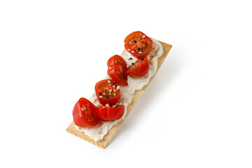 Sandwich, toast on grain crispbread with cream cheese and cherry tomatoes isolated on white...