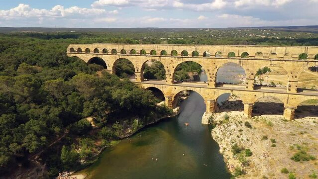 Aerial of Pont du Gard roman aqueduct