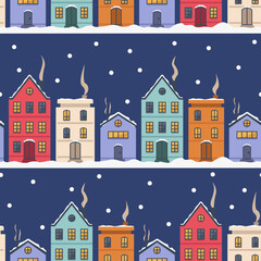 Winter evening seamless pattern. Night or evening, cute houses, snow. There is smoke coming from the chimneys. Vector graphic.	