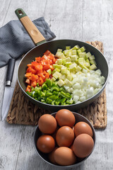 Pisto Manchego (Manchego ratatouille) with fried egg ingredients, red and green peppers, onion, zucchini and eggs. Concept typical and traditional food of Spain.
