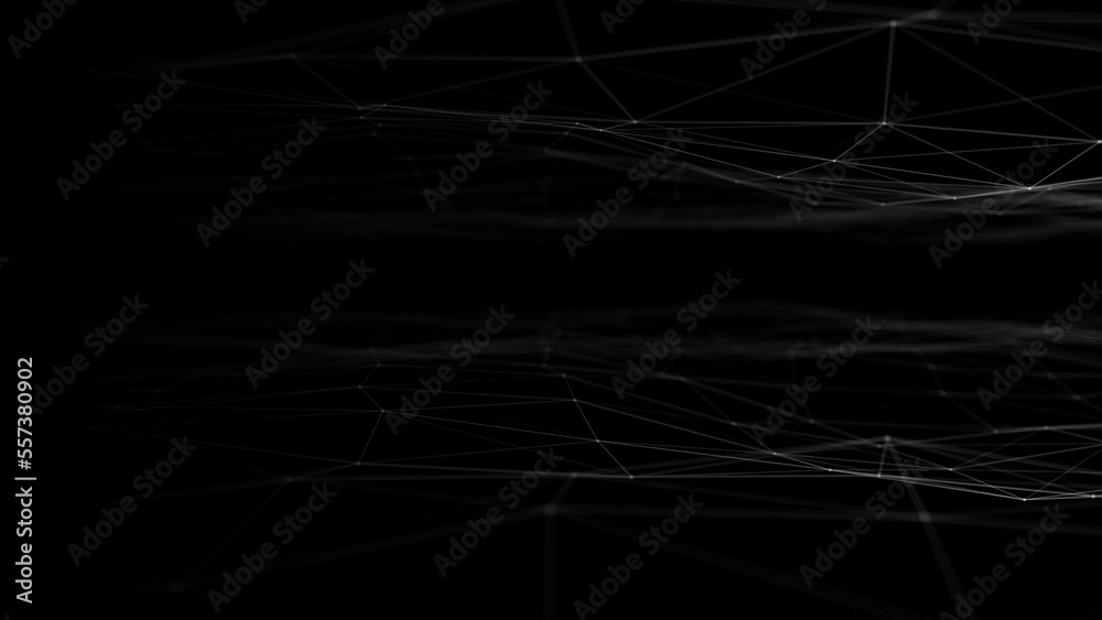 Poster Wave of digital particles on a black background. Abstract interlacing lines and points. Digital connection of elements. Simulation of the movement of small particles. 3D rendering.