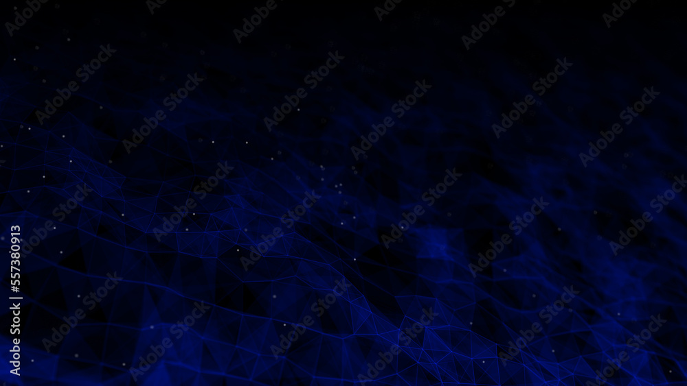 Poster Futuristic wave with lines and dots. Abstract background with a dynamic wave. Particle placement with hanging dots in space. Large data background. 3d rendering.