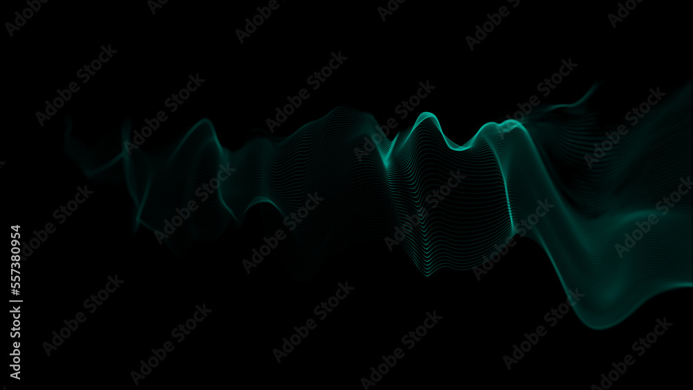 Poster Textured wave of particles. Visualization of technological connections. Molecular connection of particles in space. A wave of atoms. 3d rendering.