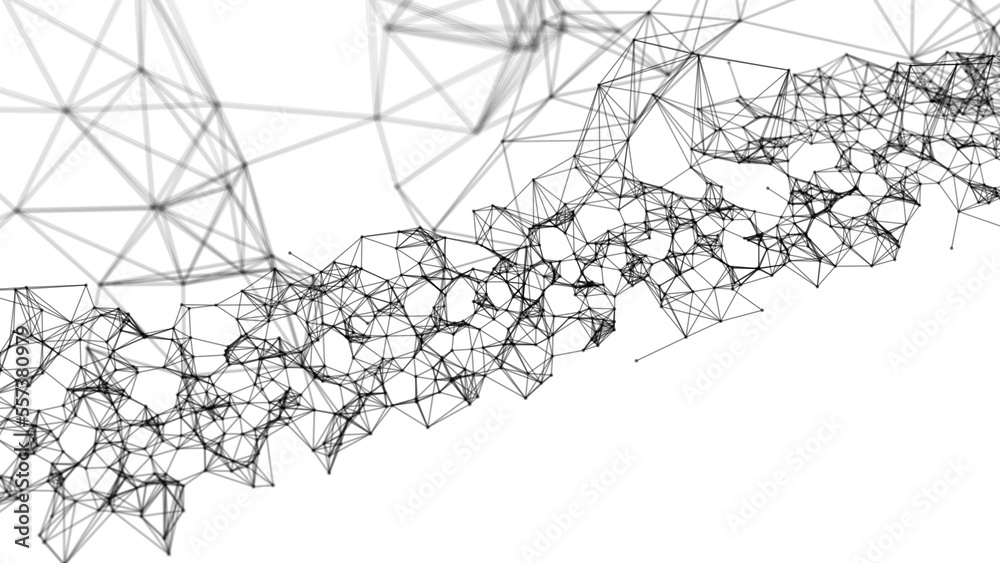 Poster Wave of particles on a white background. Abstract interlaced lines and dots. Digital connection of elements. Imitation of waves. 3d rendering.