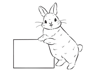 Sketch of bunny holding a blank sheet of paper. Hand drawn outline converted to vector.