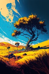 Tree in the Countryside and Golden Plains, Abstract Art, Digital Illustration