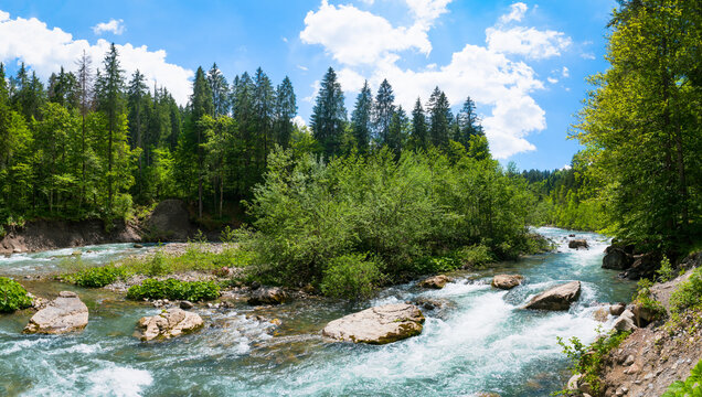 Panoramic view on small river island in Breitach River on summer day
