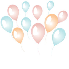 Hot air balloon in cartoon style. Bouquet of balloons for birthday and party. Flying balloon with a rope. Blue, rosy and yellow balloon isolated on a white background. Flat icon for celebration and ca