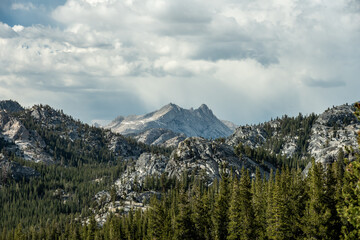 Obraz premium Pine Trees and Clouds Sandwich the Granite Peaks of Yosemite