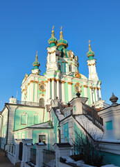 Fototapeta na wymiar St. Andrew's Church on Andreevsky Spusk in winter in Kyiv, Ukraine 