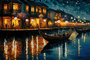 illustration with brush stroke texture, oil painting style, cityscape view inspired from Hoi An, Vietnam