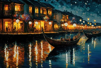 Peel and stick wall murals Best sellers Collections illustration with brush stroke texture, oil painting style, cityscape view inspired from Hoi An, Vietnam