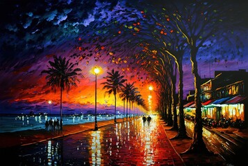 Naklejka premium illustration with brush stroke texture, oil painting style, cityscape view inspired from Nha Trang, Vietnam