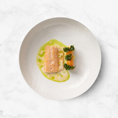 Fine dining dish on marble table in fine dining restaurant