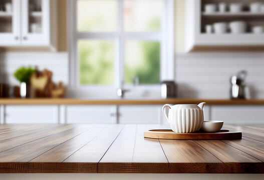 Kitchen table background. Empty wooden desk or board with blur home kitchen room interior for display food product. Generative Ai image illustration