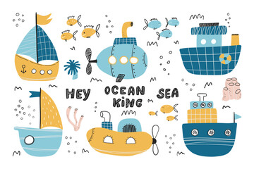Collection of Vector hand drawn with boats. Submarine boat. Sketch. Sea. Childrens design. Scandinavian style.