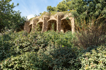 Park Guell in Barcelona, Spain.The famous Park Guell.park guell columns and viaducts.park guell...
