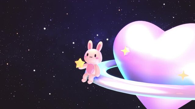 Looped cartoon bunny sitting on a glossy heart planet animation.