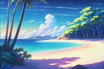 Tropical Beach - a nondescript deserted beach in an exotic location in the tropics. Idyllic island setting with clear waters, sand, and flora made by generative AI